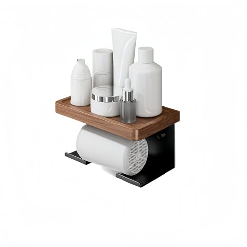 木製ヘアドライヤースタンド・壁掛け収納ラック・アルミ合金フレーム | 左右仕様・ショート/ロング対応・大容量収納・防水防湿 (ヘアドライヤーラック右,ウォルナット+グレー)