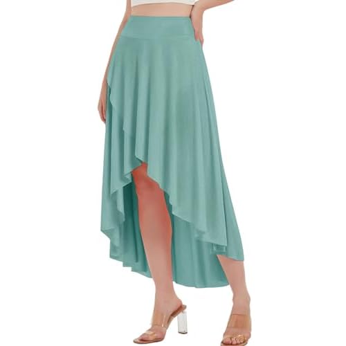 EXARUS Womens High Low Skirts Asymmetrical Flowy Skort Dance Maxi with Underneath Elastic High Waisted Ruffle Casual Medium Green
