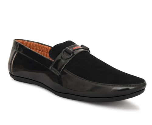 Image of Men's Premium Black Velvet Loafers | Slip-On Formal Dress Shoes with Glossy Patent Leather Finish & Metal Buckle | Comfortable Lightweight Wedding, Party & Office Wear Footwear