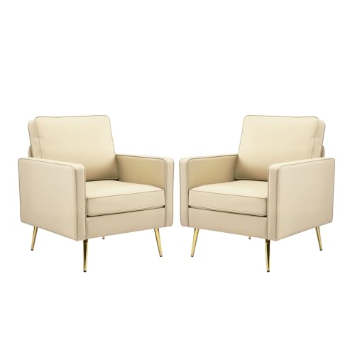 Image of VINGLI PU Leather Accent Chairs Set of 2, Mid-Century Modern Living Room Chairs with Removable Cushions, Gold Legs, Upholstered Sofa Armchair for Bedroom, Office, Apartment, Play Room