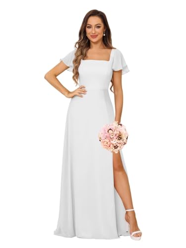 YMSHA Short Sleeve Bridesmaid Dresses with Slit A Line Pleated Formal Dress YMS348