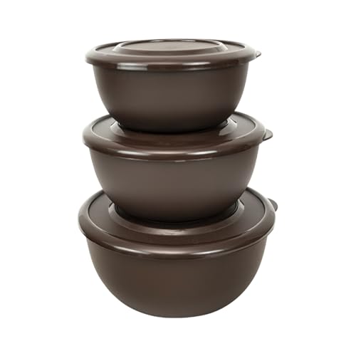 Image of Microwave Safe Stainless Steel Mixing Bowl Set with Lids - Set of 3 (500ml, 800ml, 1250ml) - Euro Style Food Storage Containers - Multipurpose Kitchen Bowls (3 Classic Dark Brown)
