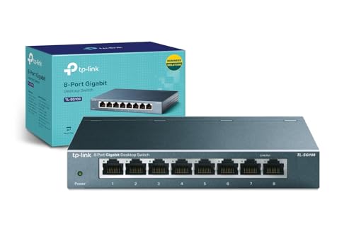TP-Link TL-SG108 V3.0, Switch de Escritorio Red (10/100/1000 Mbps, Carcasa de Acero, IEEE 802.3 X, Auto-MDI/MDIX, Plug and Play, Ahorro de Energía, Puertos RJ45), 8 Puertos Gigabit, Color negro