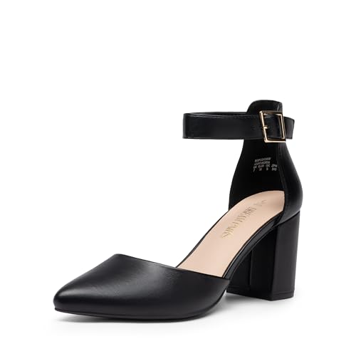 DREAM PAIRS Women's Closed Pointed Toe High Chunky Heels Pumps Ankle Strap Dress Shoes for Wedding Office Party, 3 Inches 7 Black-pu