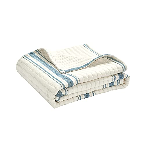 Image of Lush Decor Farmhouse Stripe Kantha Pick Stich Yarn Dyed Cotton Woven Throw Reversible Ticking Pinstripe Design Blanket, 50 inch x 60 inch, Blue