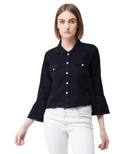 Image of Miss Chase Women's Polo Neck Full Sleeves Patch Pocket Denim Overcoat Knee-Length Jacket