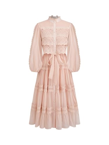 CIDER Maxi Dress Button Solid Turtle Neck Guipure Chiffon Long Sleeve Pearl Middle Waist Elegant Women Dress