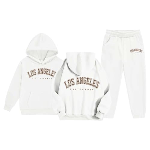 Girls Sweatsuit Set - 2 Piece Los Angeles Letter Print Graphic Pullover Hoodie Sweatshirt and Sweatpants Jogger Sets 2-13T4
