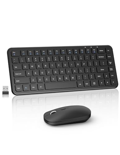 Compact Wireless Keyboard Mouse Combo, Cordless Computer Keyboard and Silent Mouse Set, Silent Adjustable 2400 DPI, Quiet Click, Small Size, 2.4Ghz Lag-Free for Computer, Laptop, PC, Mac, Windows
