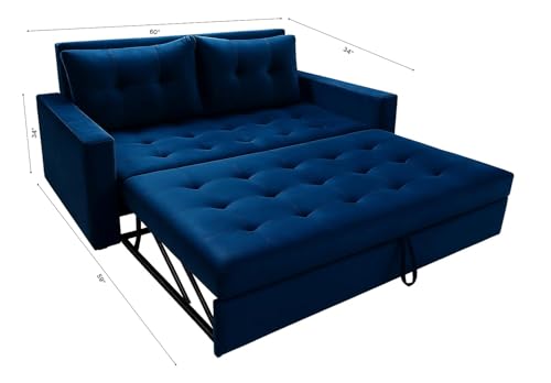 Image of CASASTYLE Trissa 2 Seater Pull-Out Premium Fabric Sofa Cum Bed Sofa Set for Living Room (Blue Fabric)
