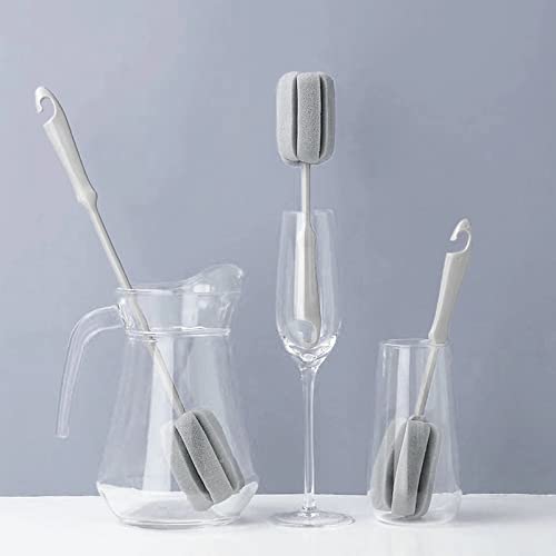 Image of 4 Pack Soft Sponge Bottle Cleaner Brush, Grey Plastic Handle Wine Glass Cup Brush Scrubber, Washing Brush Vase Bottle Pot Cleaning Brush with Traceless Hook, Long and Small Size 10 inch 15 inch