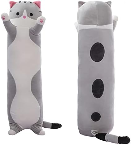 SHINUOER Cute Long Cat Body Pillow Cat Stuffed Animals Plushies Girls Boys Plush Pet Kawaii Stuff Plushie Funny Pillows Kids Plushy Toy(Gray, 27.5Inch)
