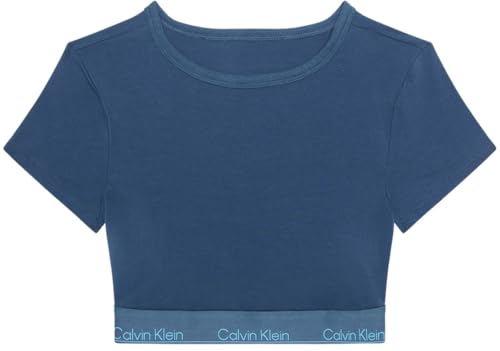 Calvin Klein Women's High Neck T-Shirt Bralette, Blue (Dark Denim), L