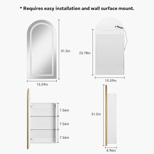 FUSUNBAO Arched Medicine Cabinet with LED Light, Recessed White Bathroom Mirror Cabinet with Integrated Storage, Wall-Mounted Mirror Medicine Cabinet,White（Golden Edge）