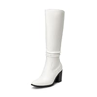 DREAM PAIRS Women's Knee-High Boots, Comfortable Chunky Block Heel Pointed Toe Pull On Side Zipper Suede Slouch Riding Boots,Size 8.5,White-Pu,SDKB2308W