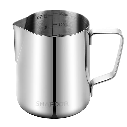 SHARDOR Milk Frother Pitcher, Stainless Steel Milk Frother Cup 12oz/350ml, Espresso Milk Frother Pitcher for Cappuccino Latte Art Barista
