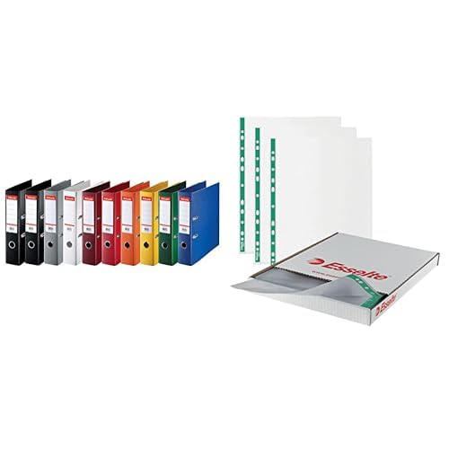 Esselte,Pack de 10 Classeurs à levier, Assorti, Dos 75mm, A4, PP, 624177 + Esselte A4 Pochettes Perforées, 43 Microns (Paquet de 500), 628617