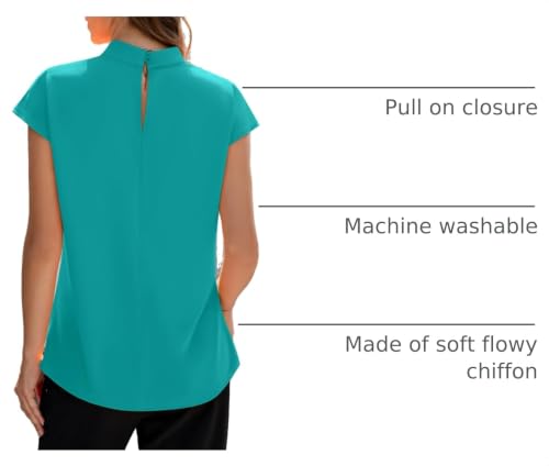 Image of Funlingo Womens Summer Tops Mock Neck Short Cap Sleeve Blouses Business Casual Work Chiffon Shirts Front Pleated Tunic Top