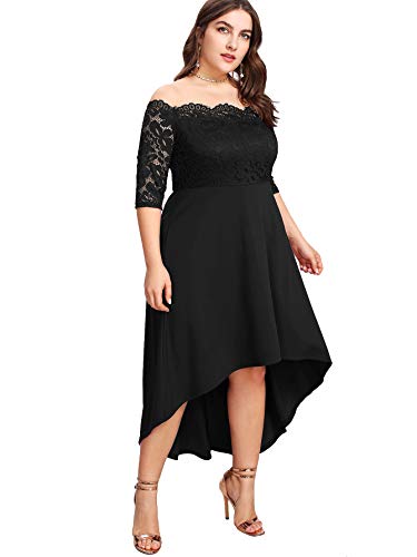 Floerns Women's Plus Size Vintage Lace Dip High Low Cocktail Party Dress Black 1XL