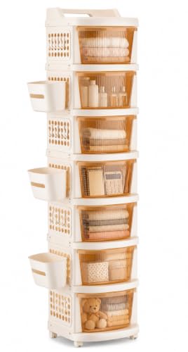 Image of Homeor 7 Tier Plastic Storage Drawer Cabinet with Wheels, Modular Chest of Drawers Organizer with Side Basket & Handle, Storage Trolley Rack for Home, Kitchen, Bedroom, Kids Room (Ivory Transparent)