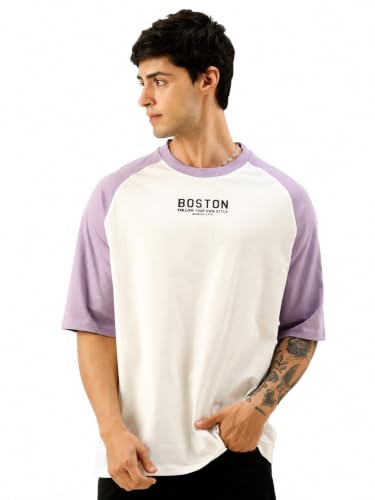 Image of Maniac Men's Printed Raglan Round Neck Half Sleeve Oversized T-Shirt | Raglan sleeve, oversized cut