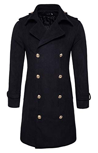 chouyatou Men's Button Front Double Breasted Mid-Long Wool Pea Coat (X-Large, Black)