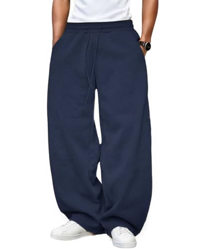 Image of Men's Baggy Sweatpants Fleece Wide Leg with Elastic Drawstring Waist, Casual Loose Lounge Joggers