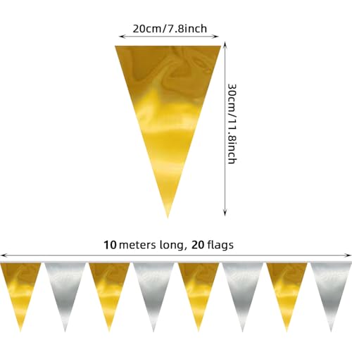 Image of 40M /130FT Gold Silver Triangle Pennant Banner Flag Metallic Fabric Bunting Garland for Christmas Wall Hanging,Graduation Decorations, New Years Decorations,Father' Da