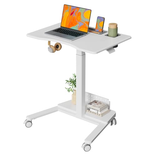 Image of 28 inch Mobile Standing Desk with Storage, Rolling Laptop Cart on Wheels, Portable Sit Stand Workstation with Shelf & Cup Holder for Classroom, Home Office, White