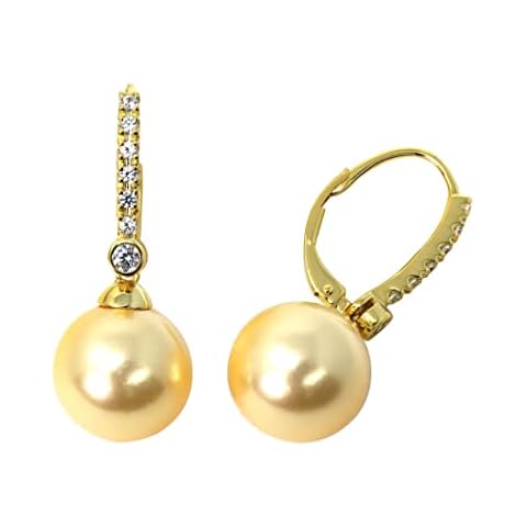 Oro Leoni Designer 925 Sterling Silver with 12mm Round White/ Yellow Color Simulated Shell Pearl with Cubic Zirconia Drop Dangle Earrings, Sterling Silver Cubic Zirconia, Cubic Zirconia Created Pearl Cover