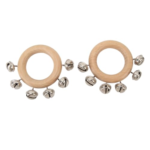 Hand Jingle Bells, 2 Pcs Wooden Handle Bell Round 8cm Diameter Hand Sleigh Bell Portable Musical Bell Instrument Handhold Bell Rattles for Education Party Christmas Gathering