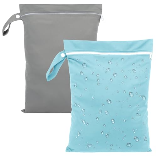 Deepton 2 Stück Nassbeutel Schwimmen, wasserdichte Nasstasche 40 x 30 cm, Blau & Grau Wetbag Schwimmsachen mit Reißverschluss, Wiederverwendbar Reise Wäschesack für Schmutzige, Strandtücher, Windeln