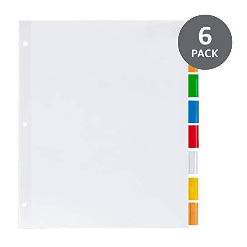 AmazonBasics 3 Ring Binder Dividers With 8 Tabs, Paper Binder Dividers, Insertable Multicolor Plastic Tabs, Pack of 6 Sets (48 Dividers Total)