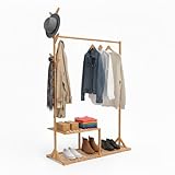 THINIA HOME - Perchero de Pie de Bambú Natural con Zapatero y Ganchos Árbol, 107x40x169 cm