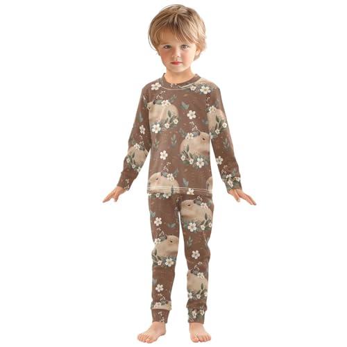 Pajama Sets Long Sleeve Capybara Floral Brown Background Soft Comfy Sleepwear 2 Piece PJS 3-8T2