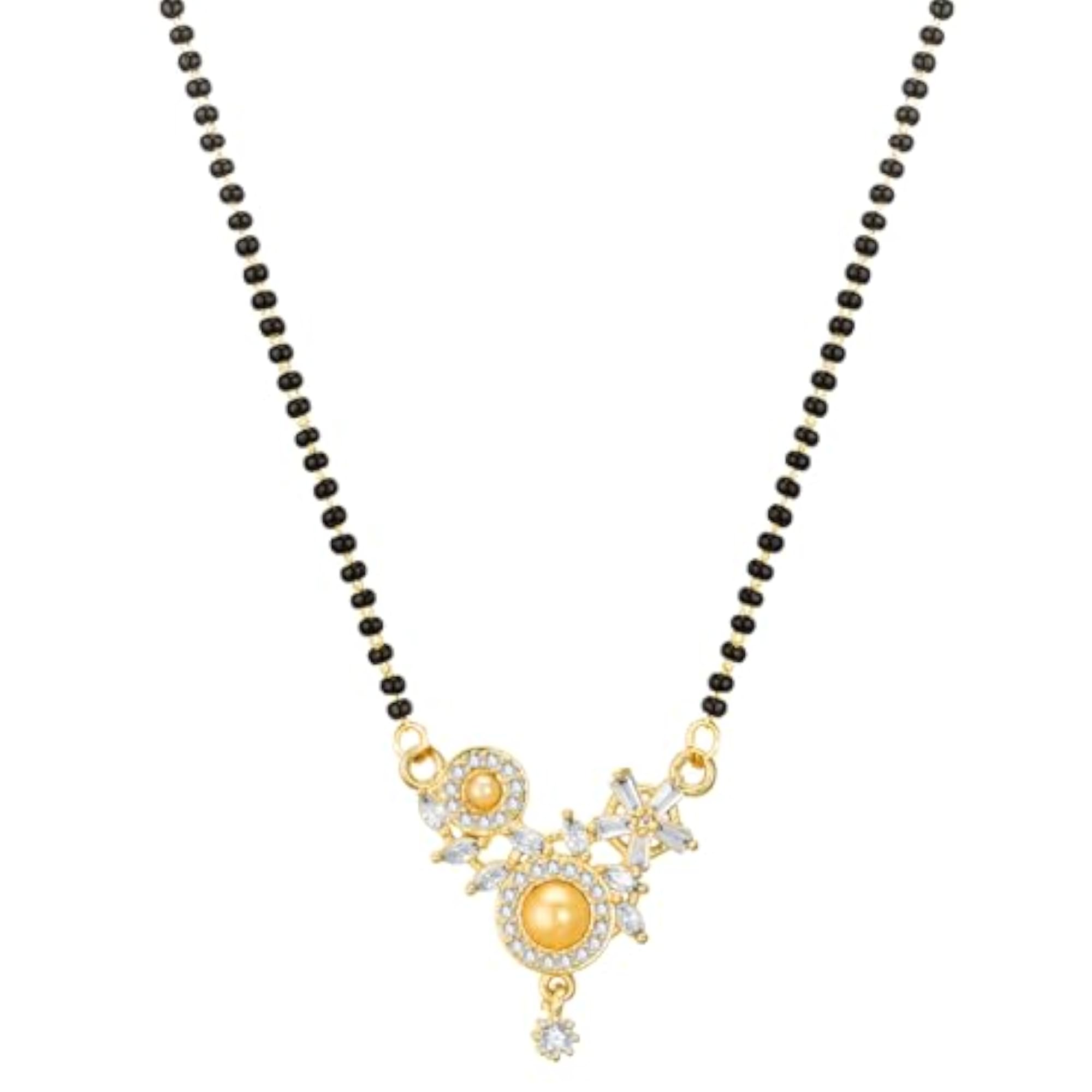 Women's Gold Plated White Stone & Black Beaded Mangalsutra