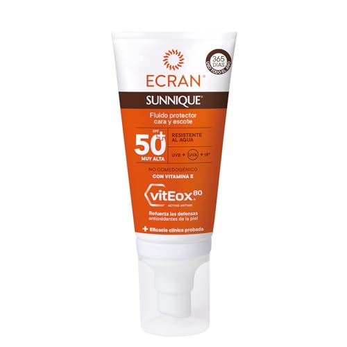 Ecran Sunnique - Fluido Protector Solar FPS 50 para Cuello y Escote, Protección UVB + UVA e IR-A, Refuerza las Defensas, Protege la Piel, Hidratación 24 h, Fórmula con VitEox 80 - 50 ml