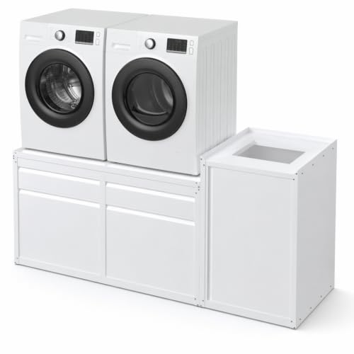 Image of 1300LBS Laundry Pedestal with Laundry Basket for Washer and Dryer | Washing Machine Stand Base Raiser with Washbasin Cabinet,White, 3PCS