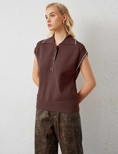 MISSACTIVER Women Casual Button Down Lapel Collar Sweater Vest Sleeveless Knit Loose Fit Stripe Trim Pullover Tank Tops3