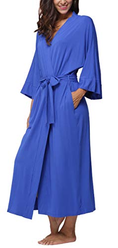 FADSHOW Women's Soft Long Sleepwear Modal Cotton Wrap Robe Bathrobe Nightgown Blue,Large