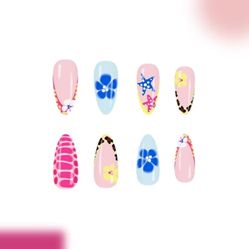 Image of Flower Press on Nails Medium Almond Fake Nails with Pastel Blue Fish Star Nail press ons Glossy Full Cover Ombre Stick on Nail for Women Manicure 24Pcs