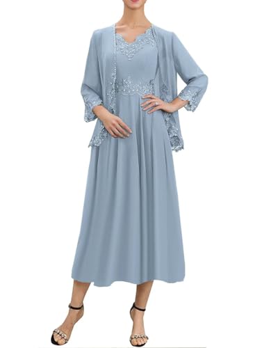 2 Piece Mother of The Bride Dresses with Jacket Tea Length Grandmother Formal Dresses for Wedding Guest