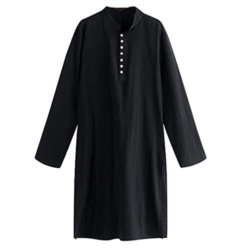 Men Muslim Kurta T-Shirt Long Sleeve Buttons Stand Collar Kaftan Blouse Robe