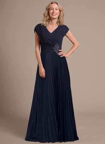 Noras Pleated Cap Sleeves Maxi Mother of Bride Dresses for Wedding Appliques Formal Evening Dress NO3044