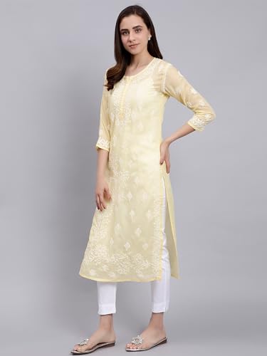 Image of Seva Chikan Hand Embroidered Lucknowi Chikankari Terivoil Cotton Regular Fit Straight Kurta for Women SCL4351