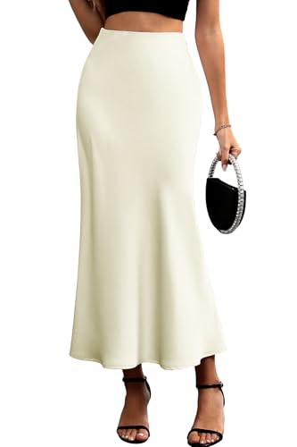 ELLEVEN Long Satin Skirts for Women Casual High Waisted Silk Skirt Summer Hidden Elasticized Waistband Trendy Maxi Skirt A-Line 2025 Party Wedding Cream Large