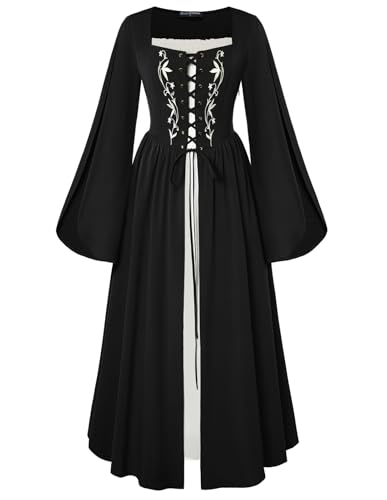 SCARLET DARKNESS Damen Vintage Kleid Glockenärmel Square Neck Hohe Taille Lace-up vorne Piraten Kleider Set Schwarz XXL