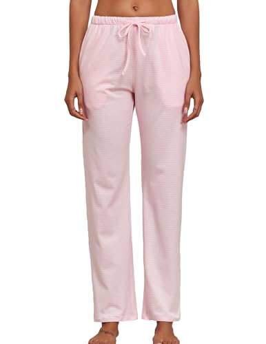 Viakeo Damen Baumwolle Schlafanzughose Lang Pyjamahose Streifen Schlafanzug Hose Weich Freizeithose mit Taschen