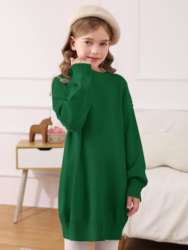Image of Haloumoning Girls Sweater Dress Casual Crewneck Knit Long Sleeve Fall Winter Dress Pullover 5-14Y Army Green