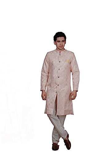Image of Amzira Men's Soft Cotton Indo Western Kurta Pyjama Set with Mandarin Collared Neck Long Sleeves Button Closure and Solid Pant